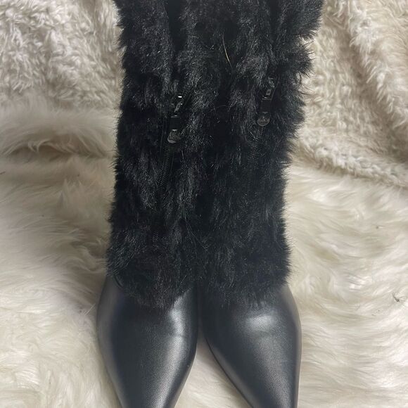 Ashro synthetic black mid calf boots  faux fur trim front zipper 3”heels SZ11W - Picture 10 of 16